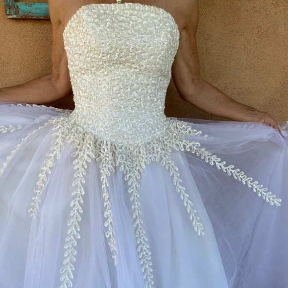 VTG 1970s Sequin Evening Gown Wedding Dress Ballgown Mike Benet Sz S W26 - Picture 4 of 11